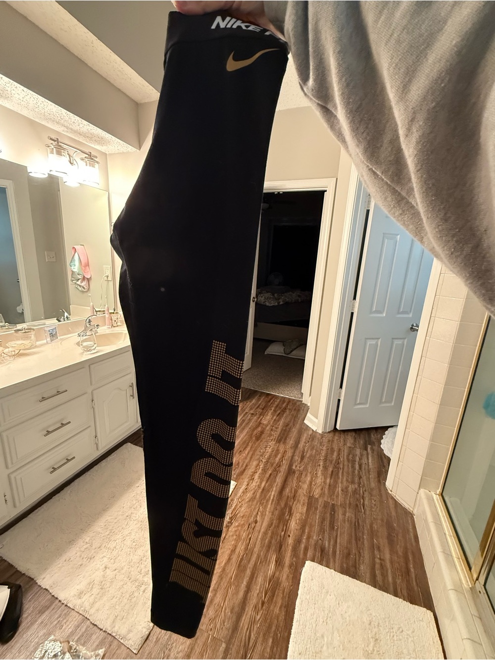 Nike Black Leggings with Gold Swoosh & Logo Panels